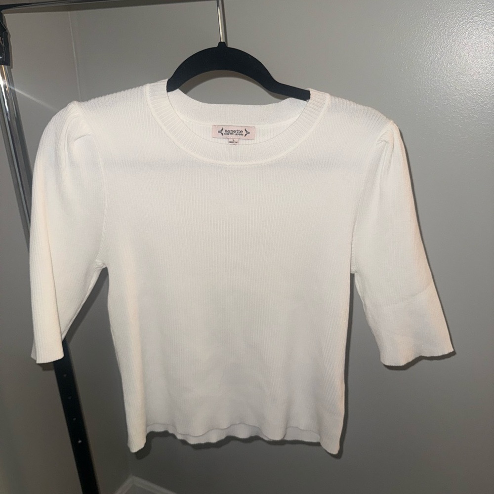 EUC Nanette Lepore Ribbed Cream Sweater Shoulder Accent Large